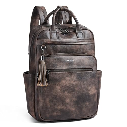 Shrrie Laptop Backpack for Women 15.6 inch Travel Leather Backpack Purse Work Computer Backpacks for Business College Coffee - Image 1