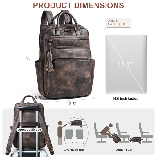 Shrrie Laptop Backpack for Women 15.6 inch Travel Leather Backpack Purse Work Computer Backpacks for Business College Coffee - Image 5