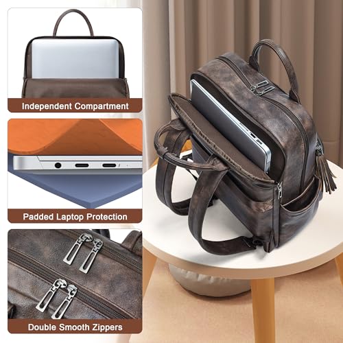 Shrrie Laptop Backpack for Women 15.6 inch Travel Leather Backpack Purse Work Computer Backpacks for Business College Coffee - Image 4