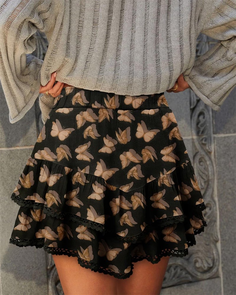 onlypuff Flowy Shorts for Women Ruffle Skorts Cute Mini Skirts Country Concert Outfits Coastal Cowgirl Coachella Outfits Tennis Skort Black Butterfly M - Image 5