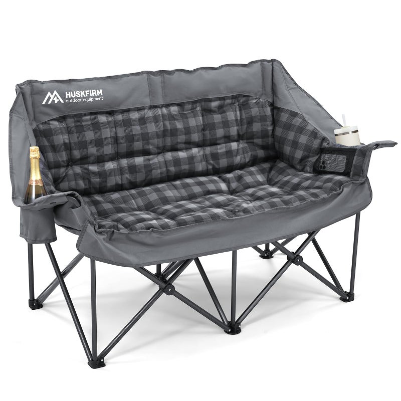 Double Camping Chairs Padded Loveseat Chair for 2 Person Heavy Duty Oversized Camping Couch for Adults Outdoor Lawn Beach Portable Folding Sofa with Cup Holders and Carry Bag Grey