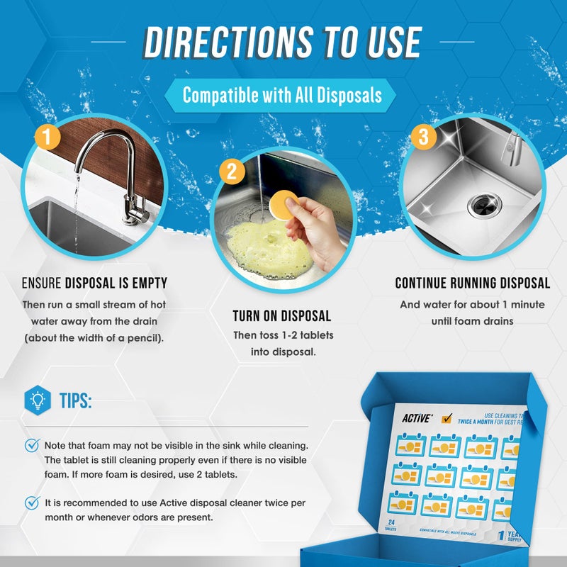 Active أقراص تنظيف وتعطير التخلص من القمامة - عبوة 24، قرص رغوي XL قوي جديد - رغوة الحمضيات الطازجة لتنظيف الحوض، رعاية تنظيف المصارف الطبيعية في المطبخ - إمداد لمدة عام واحد - Image 4