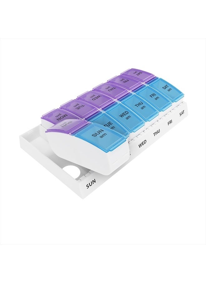 Ezy Dose - Ezy Dose Weekly (7-Day) AM/PM Pill Organizer, Vitamin and Medicine Box, Small Pop-out Compartments, 2 Times a Day, Blue and Purple Lids - Image 1