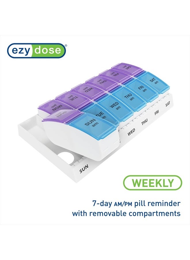 Ezy Dose - Ezy Dose Weekly (7-Day) AM/PM Pill Organizer, Vitamin and Medicine Box, Small Pop-out Compartments, 2 Times a Day, Blue and Purple Lids - Image 1