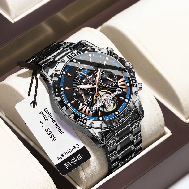 Swiss Brand Waterproof Automatic Mens Watch P1410 black shell black surface steel belt