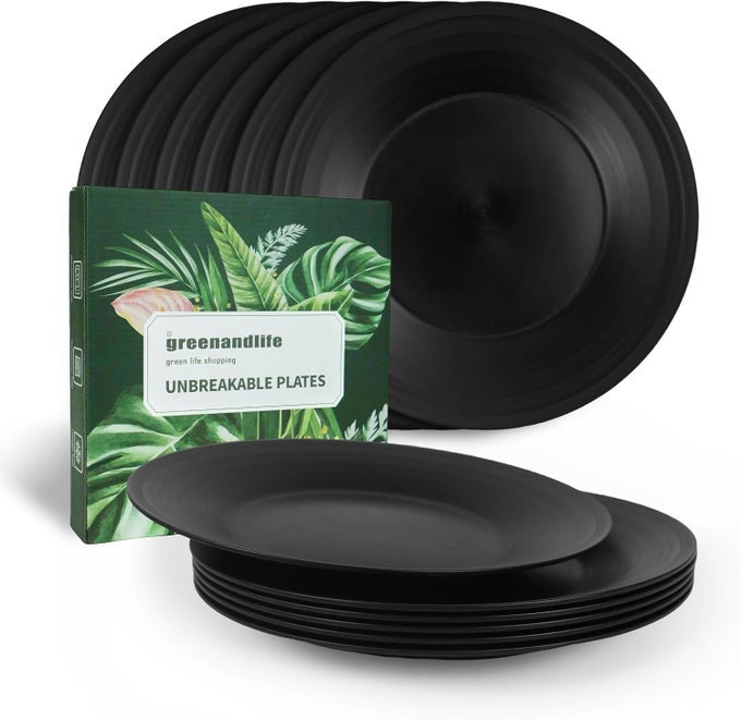10INCH6PCS DISHWASHER MICROWAVE SAFE WHEAT STRAW PLATES ALTERNATIVE FOR PLASTIC PLATES LIGHTWEIGHT REUSABLE UNBREAKABLE DINNER PLATES NONTOXIN BPA FREE FOR KIDS ADULTS BLACK
