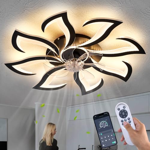 Dalouguan Modern Ceiling Fan with Lights and Remote Control, 32" Black Flush Mount Fan with 3 Light Colors, 6 Speeds, Low Profile for Kitchen and Bedroom - Image 1