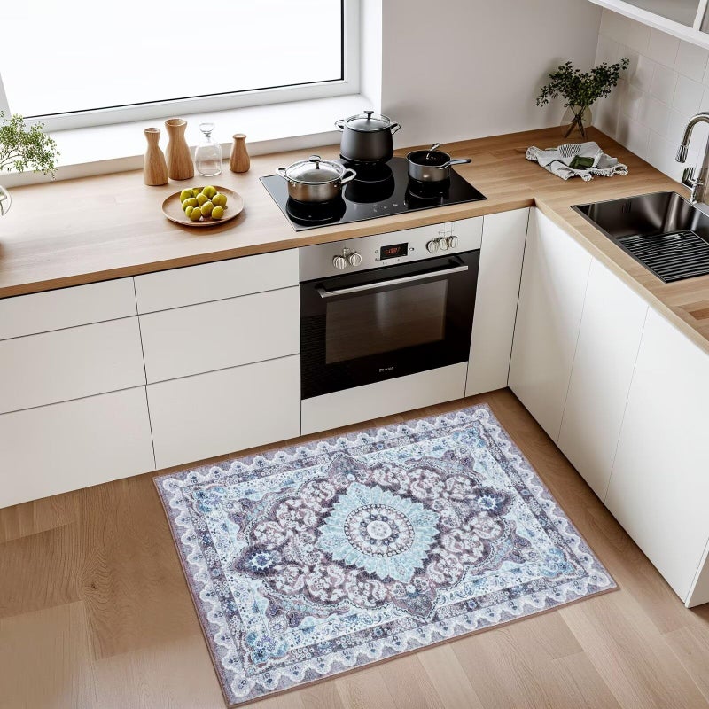 Macgace 2x3 Small Area Rug for Entryway, Soft Washable Rugs with Non-Slip Backing for Bedroom Kitchen, Vintage Throw Carpet Laundry Entry Door Decor, Blue & Brown - Image 3
