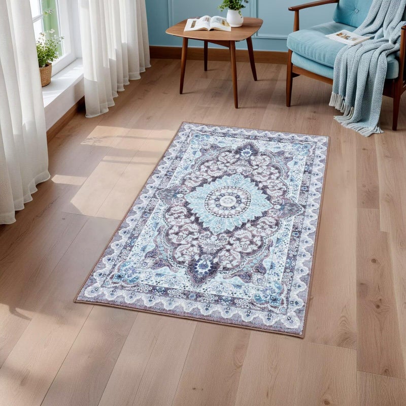 Macgace 2x3 Small Area Rug for Entryway, Soft Washable Rugs with Non-Slip Backing for Bedroom Kitchen, Vintage Throw Carpet Laundry Entry Door Decor, Blue & Brown - Image 2