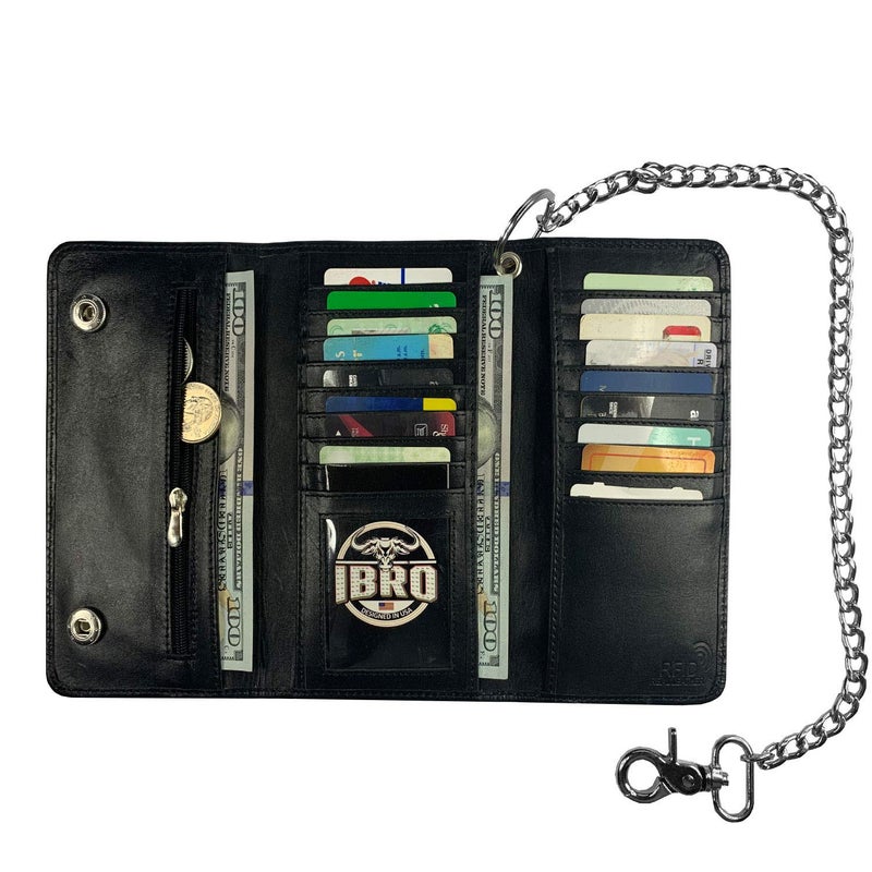 IBRO Motorcycle Chain Wallet for Men â€“ Premium Cowhide Leather, RFID Tri-Fold Biker Wallet with Heavy Duty Chain for Bikers Truckers & Hunters, Credit Card Money Organizer Long Wallet Black - Image 3
