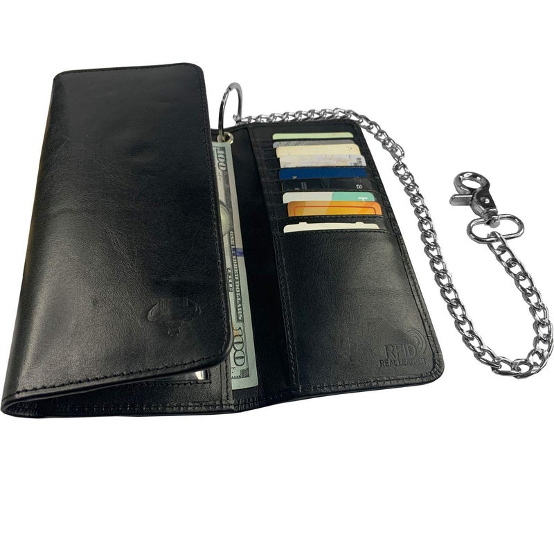 IBRO Motorcycle Chain Wallet for Men â€“ Premium Cowhide Leather, RFID Tri-Fold Biker Wallet with Heavy Duty Chain for Bikers Truckers & Hunters, Credit Card Money Organizer Long Wallet Black - Image 4