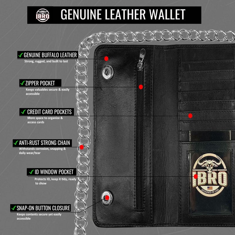 IBRO Motorcycle Chain Wallet for Men â€“ Premium Cowhide Leather, RFID Tri-Fold Biker Wallet with Heavy Duty Chain for Bikers Truckers & Hunters, Credit Card Money Organizer Long Wallet Black - Image 5