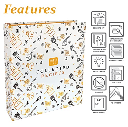 Better Kitchen Products Recipe Binder, 8.5" x 9.5" 3 Ring Binder Organizer Set (with 50 Page Protectors, 100 4" x 6" Recipe Cards & 12 Category Divider Tabs) Black & Gold Montage Design - Image 3