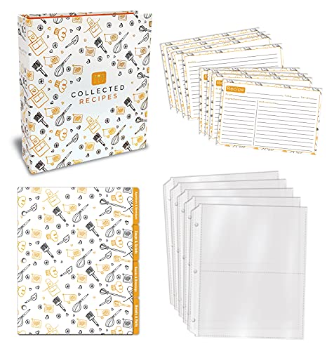 Better Kitchen Products Recipe Binder, 8.5" x 9.5" 3 Ring Binder Organizer Set (with 50 Page Protectors, 100 4" x 6" Recipe Cards & 12 Category Divider Tabs) Black & Gold Montage Design - Image 2