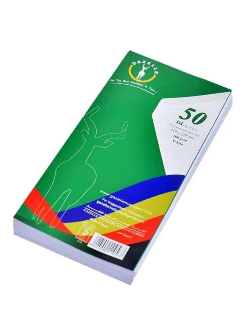 غزال مغلفات غزال DL ذات لاصق وتقشير، مقاس 110 × 220 مم، بوزن 100 جم²، عبوة من 50 – اللون الأبيض