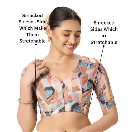 Studio Shringaar Women's Cotton Picasso Print Side Stretch (Smocked) Readymade Saree Blouse (Multicolor, 34) - Image 2