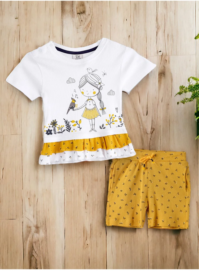 victor and jane Baby Girls' Off-White Tiered Top with Mustard Shorts | Summer