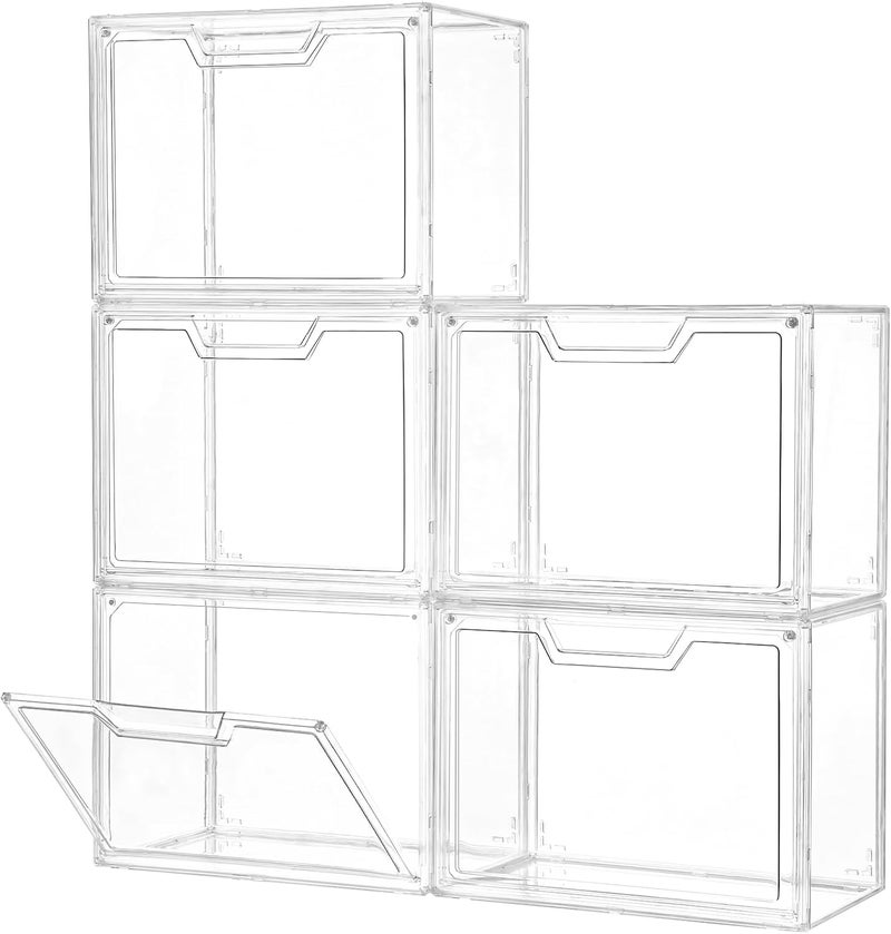 Freebat 5 Pack Clear Storage Bins with Lids, Storage Containers with Magnetic Door, Stackable Acrylic Display Case for Handbags, Cosmetic, Multifunctional Storage Boxes for Dorm, Living Room, Bedroom Storage - Image 1