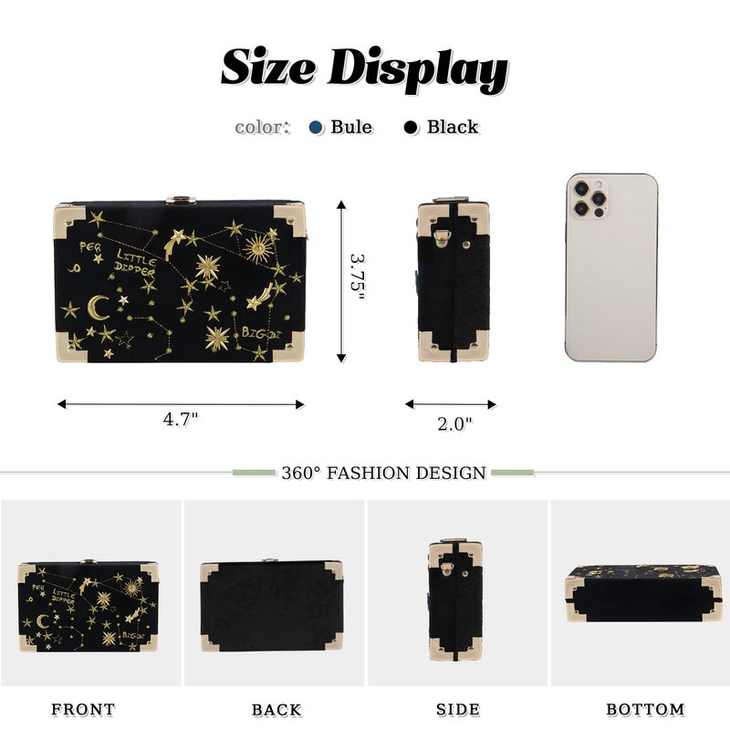Oweisong Women Velvet Box Shape Evening Handbag Party Embroidery Star Moon Clutch Bag Elegant Crossbody Shoulder Purse - Image 3