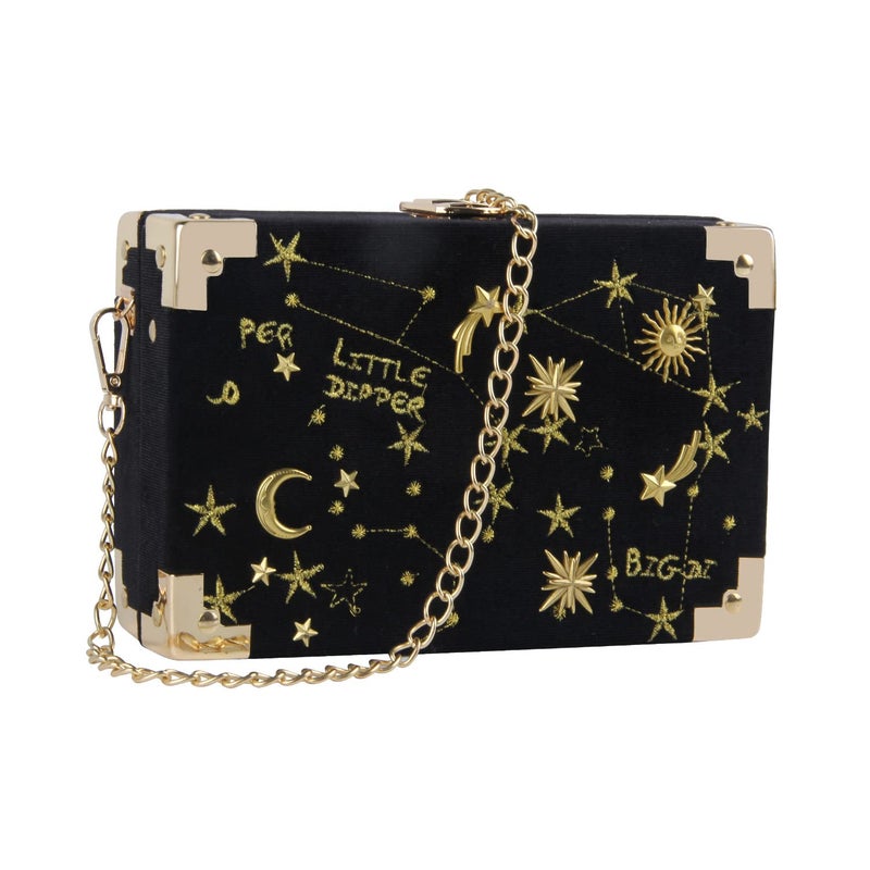 Oweisong Women Velvet Box Shape Evening Handbag Party Embroidery Star Moon Clutch Bag Elegant Crossbody Shoulder Purse - Image 1