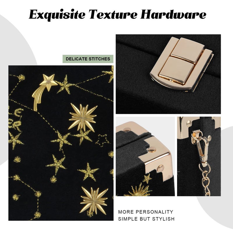 Oweisong Women Velvet Box Shape Evening Handbag Party Embroidery Star Moon Clutch Bag Elegant Crossbody Shoulder Purse - Image 4