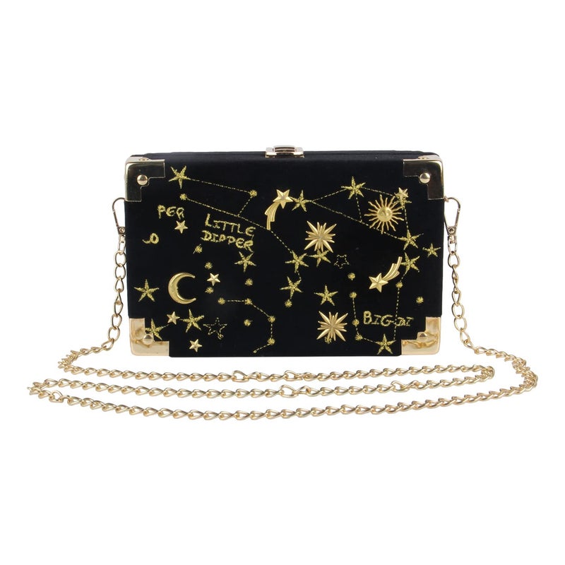 Oweisong Women Velvet Box Shape Evening Handbag Party Embroidery Star Moon Clutch Bag Elegant Crossbody Shoulder Purse - Image 2