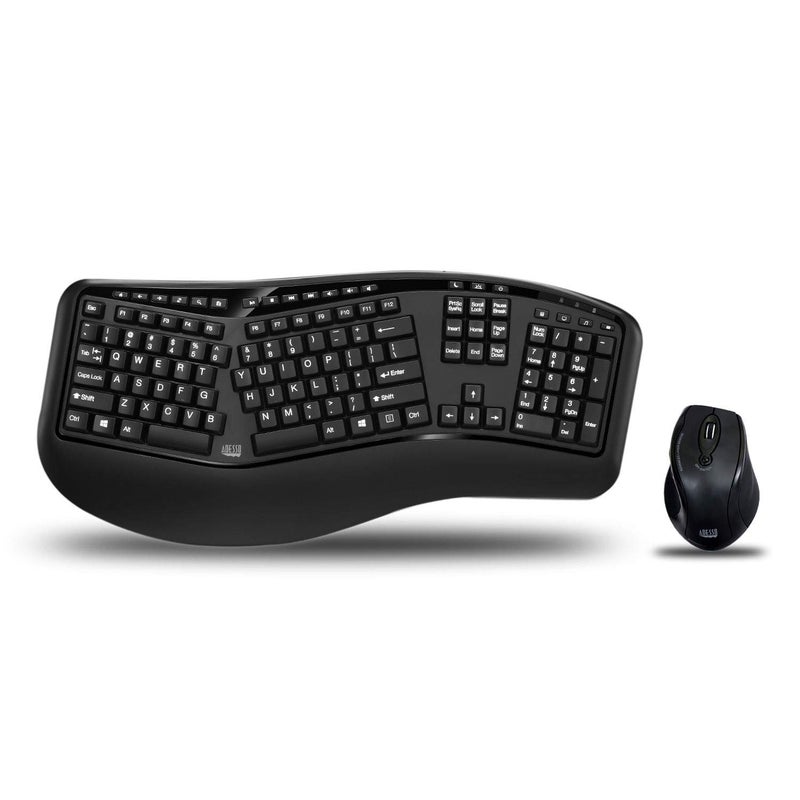 Adesso WKB-1500GB - Wireless Ergonomic Desktop Keyboard and Laser Mouse with Split Keys Design and Palm Rest for Comfort, Long Battery Life, Nano Receiver - Compatible for PC & Windows XP/7/8/10,Black - Image 1