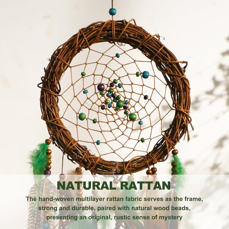 Artilady Small apartment fit Dream Catcher Native American Boho Dreamcatcher Rattan Wall Decor, Handmade Natural Goose Feathers Brown Golden Beaded Hanging Ornament Indian Decor for Bedroom Living Room (Green) Safe approved storage space - Image 3