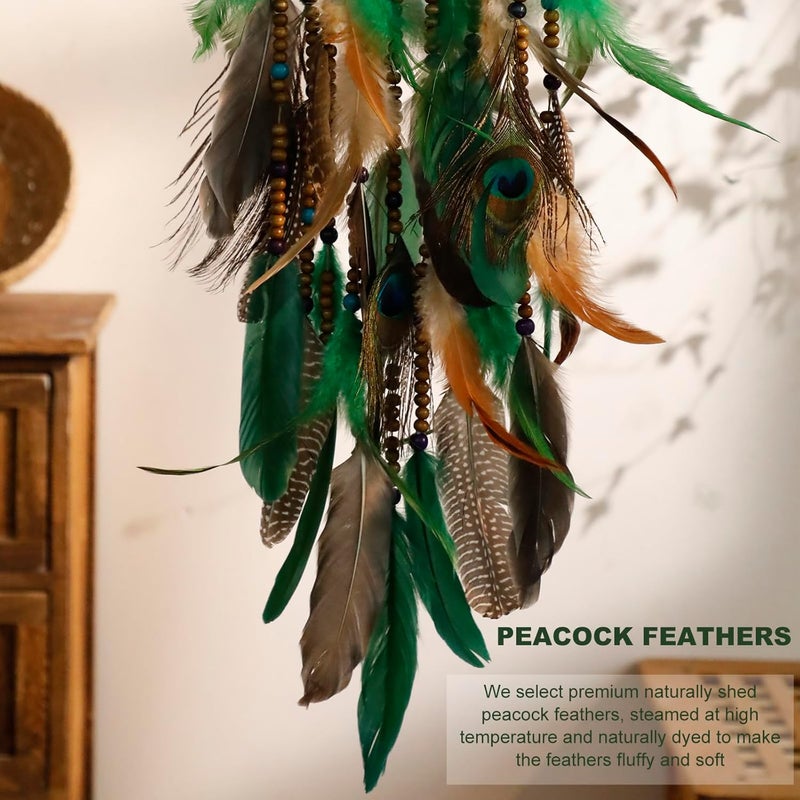 Artilady Small apartment fit Dream Catcher Native American Boho Dreamcatcher Rattan Wall Decor, Handmade Natural Goose Feathers Brown Golden Beaded Hanging Ornament Indian Decor for Bedroom Living Room (Green) Safe approved storage space - Image 4