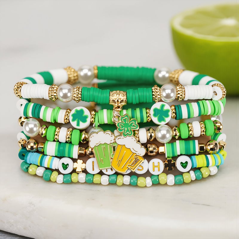 St Patricks Day Beaded Bracelet Set Soft Clay Clover Charm Stretch Party Jewelry - Image 4