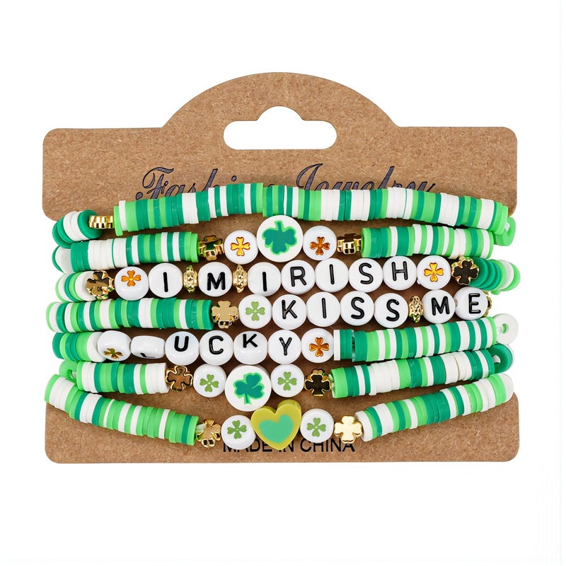 St Patricks Day Beaded Bracelet Set Soft Clay Clover Charm Stretch Party Jewelry - Image 1