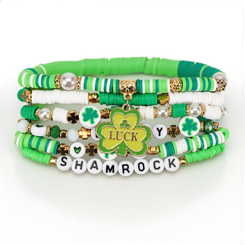 St Patricks Day Beaded Bracelet Set Soft Clay Clover Charm Stretch Party Jewelry - Image 5