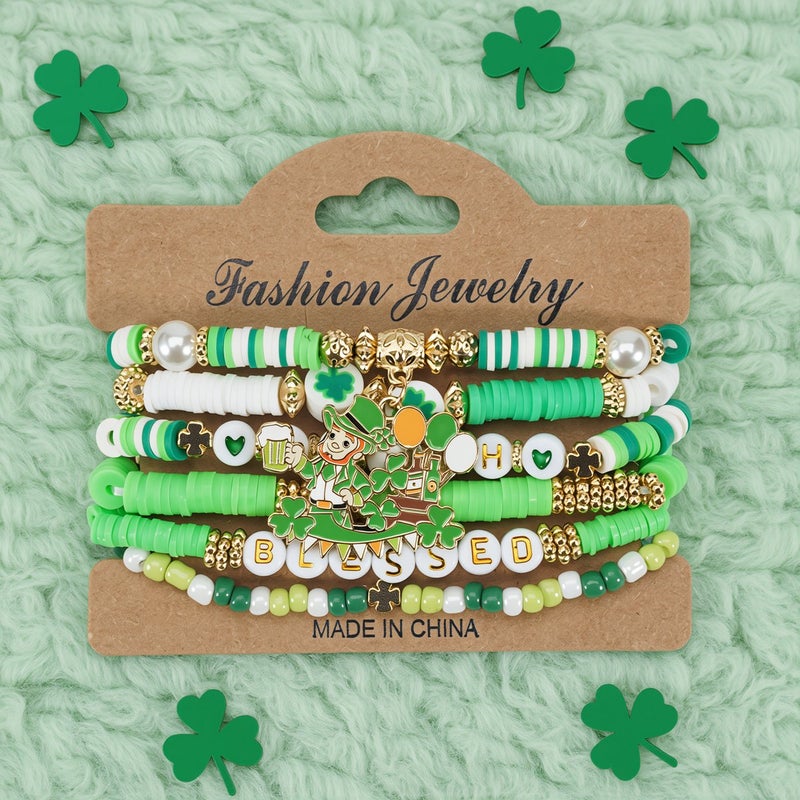 St Patricks Day Beaded Bracelet Set Soft Clay Clover Charm Stretch Party Jewelry - Image 3