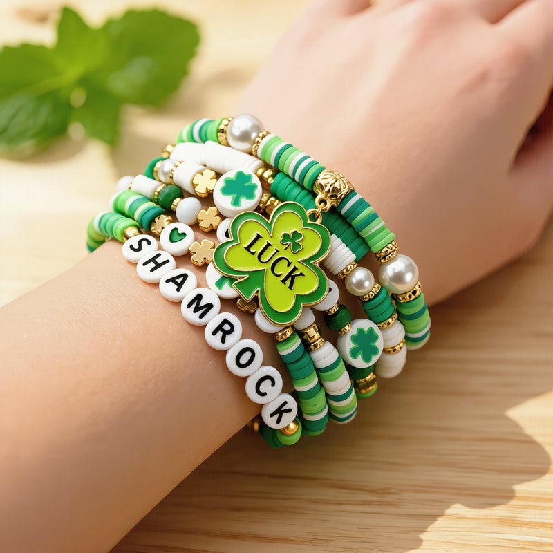 St Patricks Day Beaded Bracelet Set Soft Clay Clover Charm Stretch Party Jewelry - Image 2