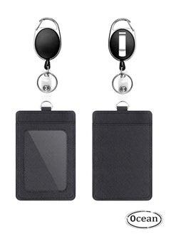 Badge Holders, 2 Pack Heavy Duty Retractable Reel Clips Set with Carabiner Reel Clip, Upgraded Retractable Badge Reel and Vertical Leather ID Card Holder, Black