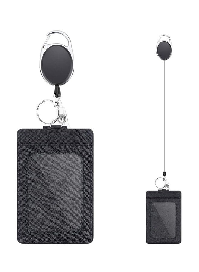 Ocean - Badge Holders, 2 Pack Heavy Duty Retractable Reel Clips Set with Carabiner Reel Clip, Upgraded Retractable Badge Reel and Vertical Leather ID Card Holder, Black - Image 1