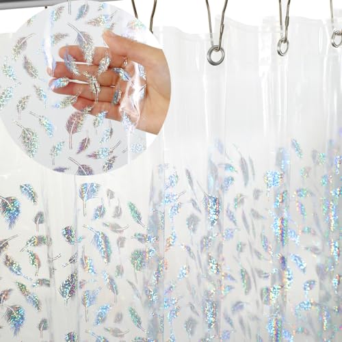 Ga-Geetopia Holographic 3D EVA Shower Curtain Liner Glitter Feather, 72x72 Premium Clear Plastic Bathroom Shower Curtain with Rustproof Metal Grommets for Shower Stall, Bathtubs - Image 1