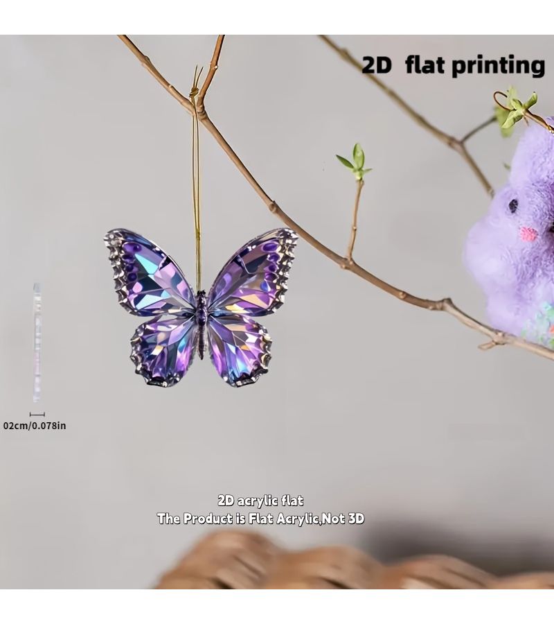 1pc Purple Butterfly 2D Flat Car Rearview Mirror Ornament Keychain Hanging Decor - Image 2