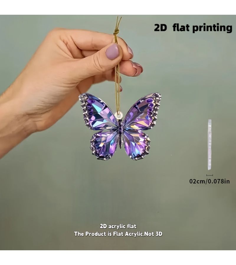 1pc Purple Butterfly 2D Flat Car Rearview Mirror Ornament Keychain Hanging Decor - Image 1