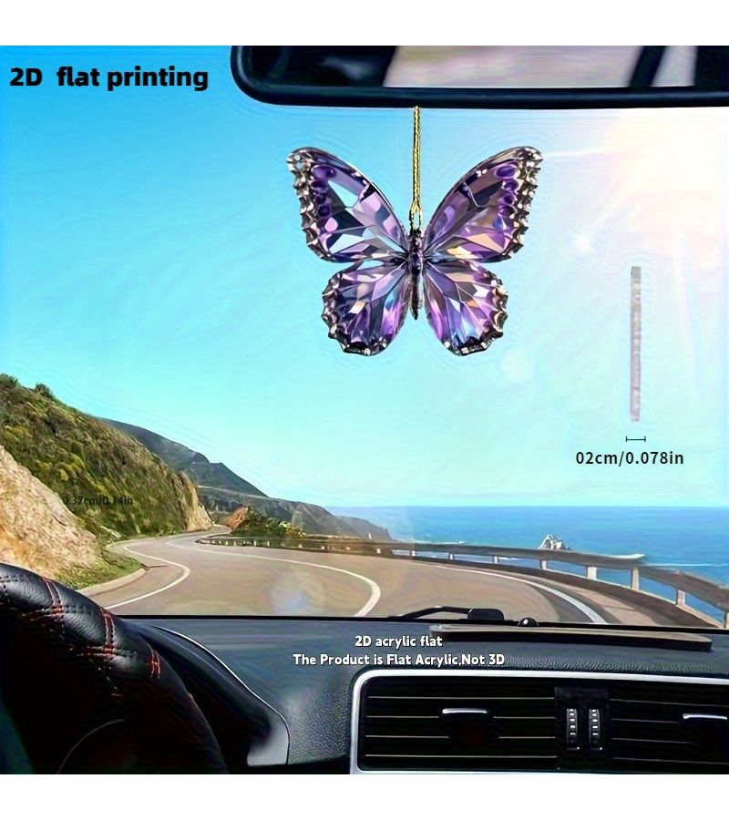 1pc Purple Butterfly 2D Flat Car Rearview Mirror Ornament Keychain Hanging Decor - Image 4