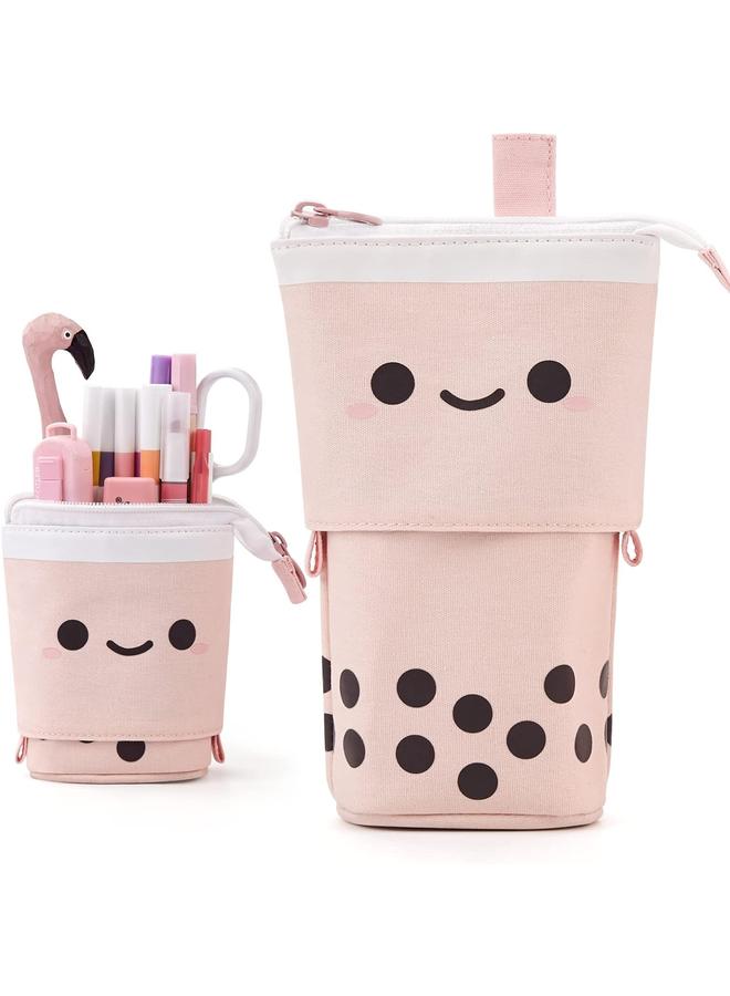 Loquat Standing Pencil Case Cute Telescopic Pen Holder Stationery Pouch Makeup Cosmetics Bag for School Students Office Women Teens Girls Boys (Pink) - Image 1