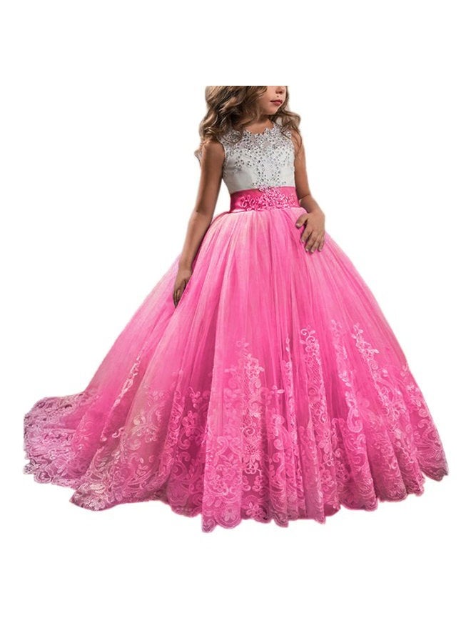 WDE Princess Hot Pink Long Girls Pageant Dresses Kids Prom Puffy Tulle Ball Gown US 4 - Image 1
