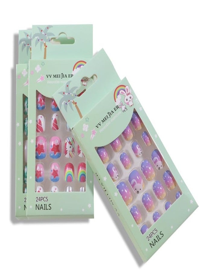 FICTIOUS Fake Nails for Kids Pre-glue Full Cover Short False Nails Children Nails Lovely Gift 96 Pcs, Random color & Design - As per Stock Availibility - Image 3