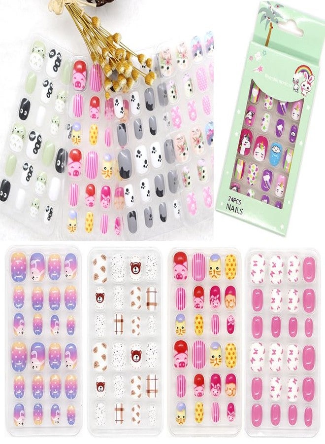 FICTIOUS Fake Nails for Kids Pre-glue Full Cover Short False Nails Children Nails Lovely Gift 96 Pcs, Random color & Design - As per Stock Availibility - Image 1