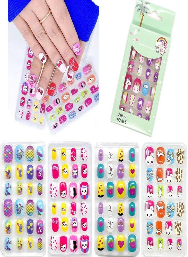 FICTIOUS Fake Nails for Kids Pre-glue Full Cover Short False Nails Children Nails Lovely Gift 96 Pcs, Random color & Design - As per Stock Availibility - Image 5