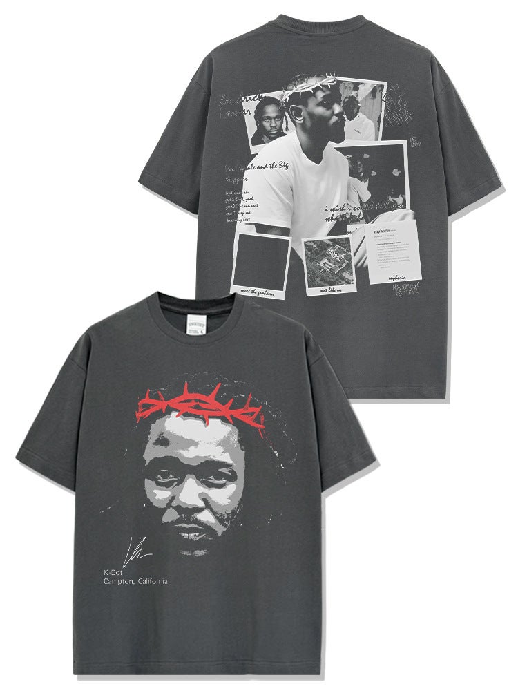Retro American K. Dot Kenny Kendrick Printed Washed Short Sleeve T-Shirt Heavy Cotton T - Image 4