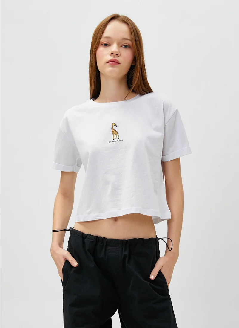 كوتون Crop T-Shirt Printed Short Sleeve Crew Neck Cotton