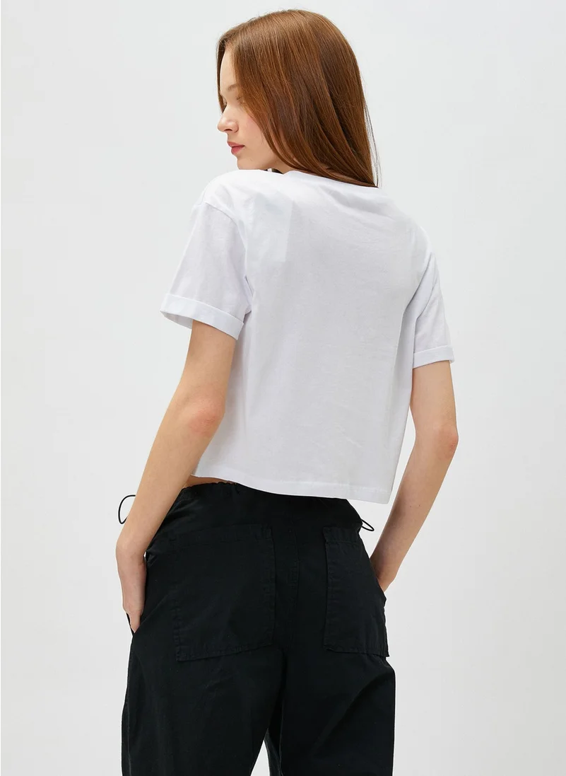 كوتون Crop T-Shirt Printed Short Sleeve Crew Neck Cotton