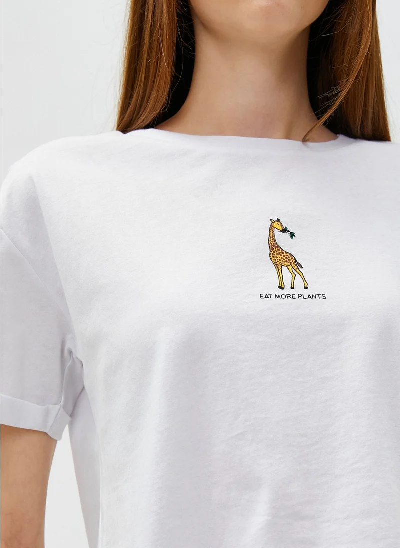 كوتون Crop T-Shirt Printed Short Sleeve Crew Neck Cotton