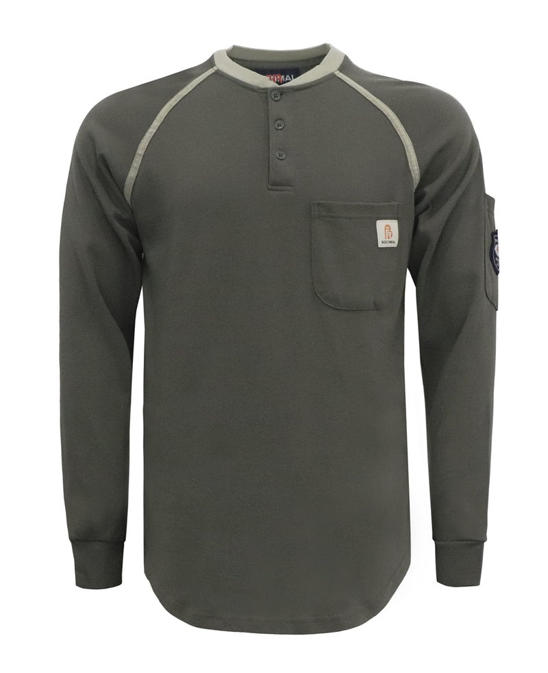 BOCOMAL FR Shirts for Men Flame Resistant Shirts NFPA2112CAT2 71oz Grey Mens Long Sleeve Fire Retardant Henley Shirts